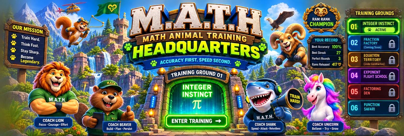 A bright cinematic M.A.T.H. Headquarters in the mountains with waterfalls, Coach Lion, Coach Beaver, Coach Shark, Coach Unicorn, friendly rams, and the glowing Integer Instinct Training Ground 01 gate.